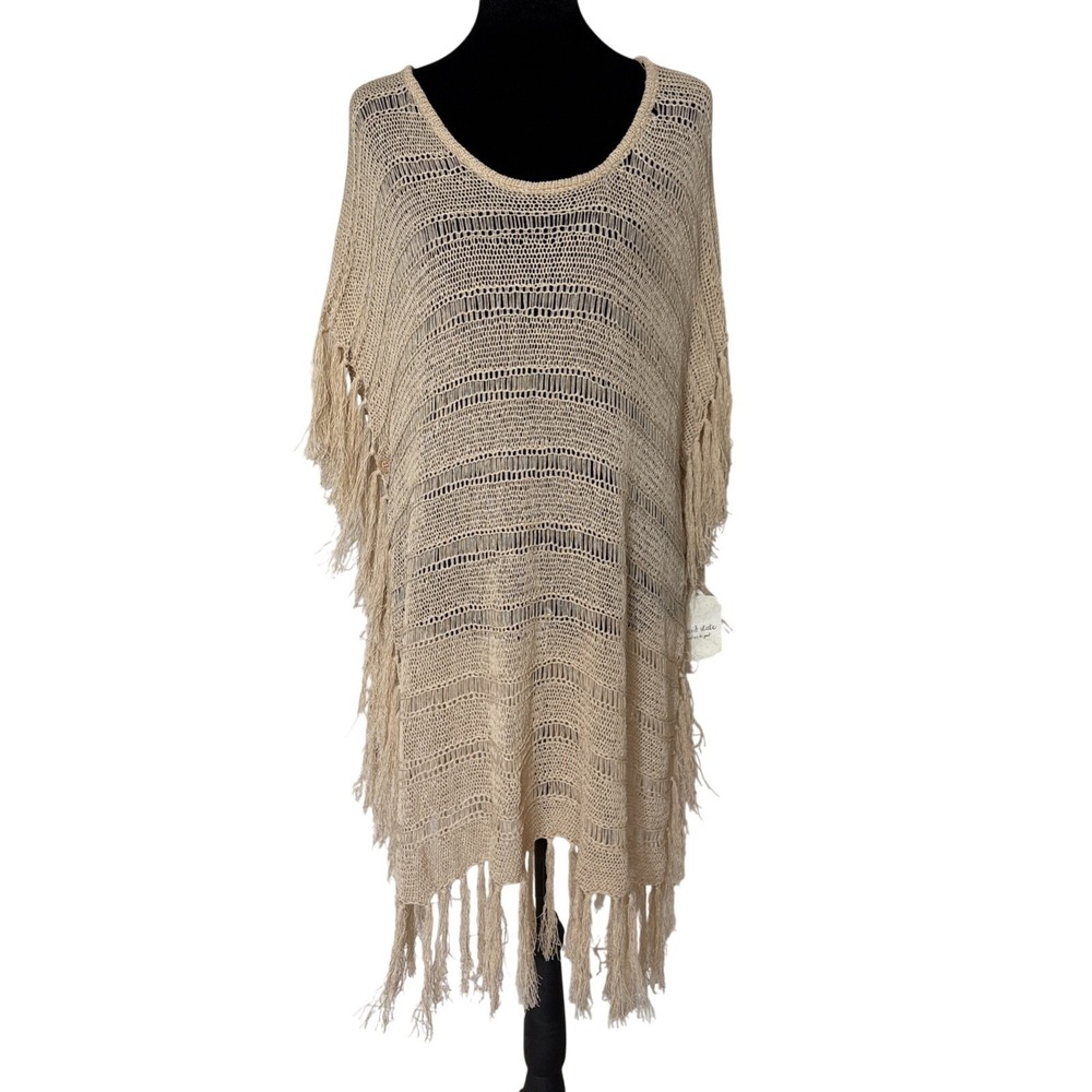 Altar'd State Boho Crochet Fringe Poncho Cover Up Top – Taupe - Medium Large